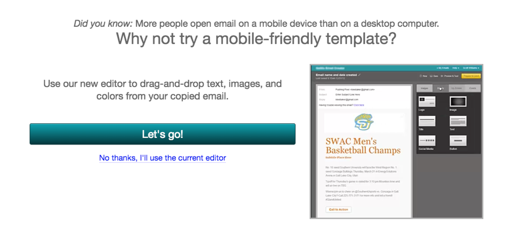 A screenshot of the interstitial that would bring users to the behavioral testing prototype.