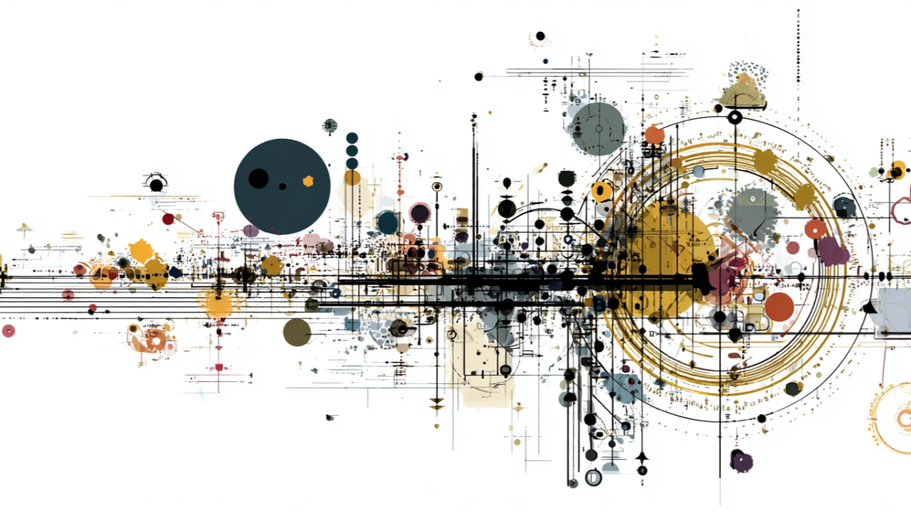 Abstract art using circles and lines to represent a complex set of network relationships and entities