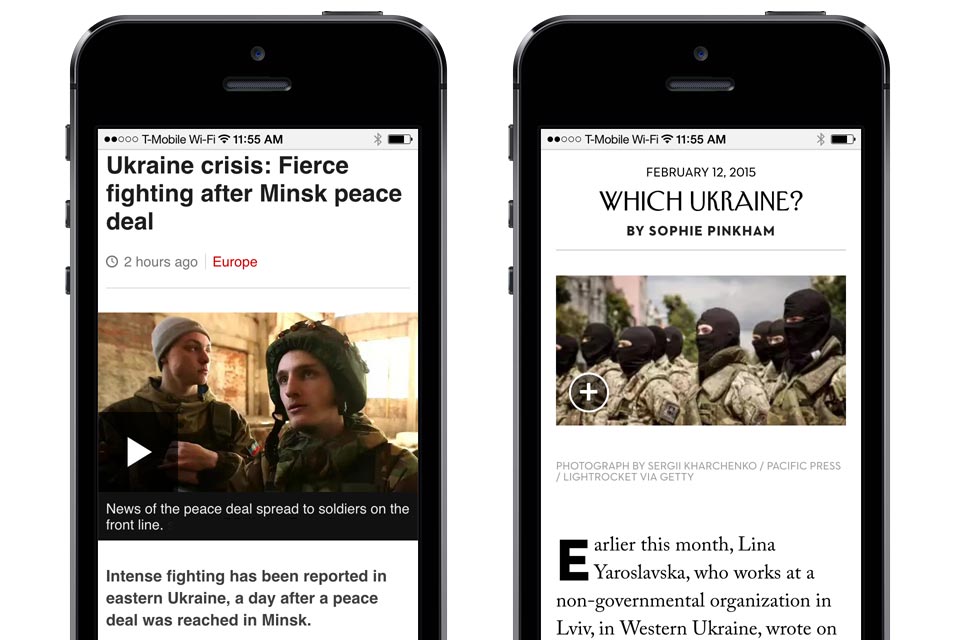 A comparison of the web fonts on the BBC News site on the left and The New Yorker site on the right, both presented as they appear on an iPhone, without their logo or name.