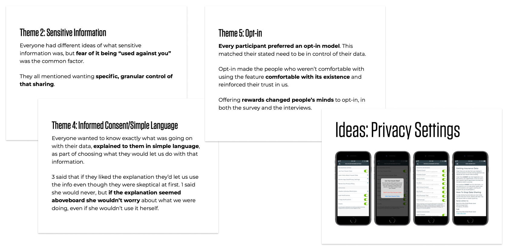 An image of slides from my presentation on member interviews conducted during discovery on this feature.