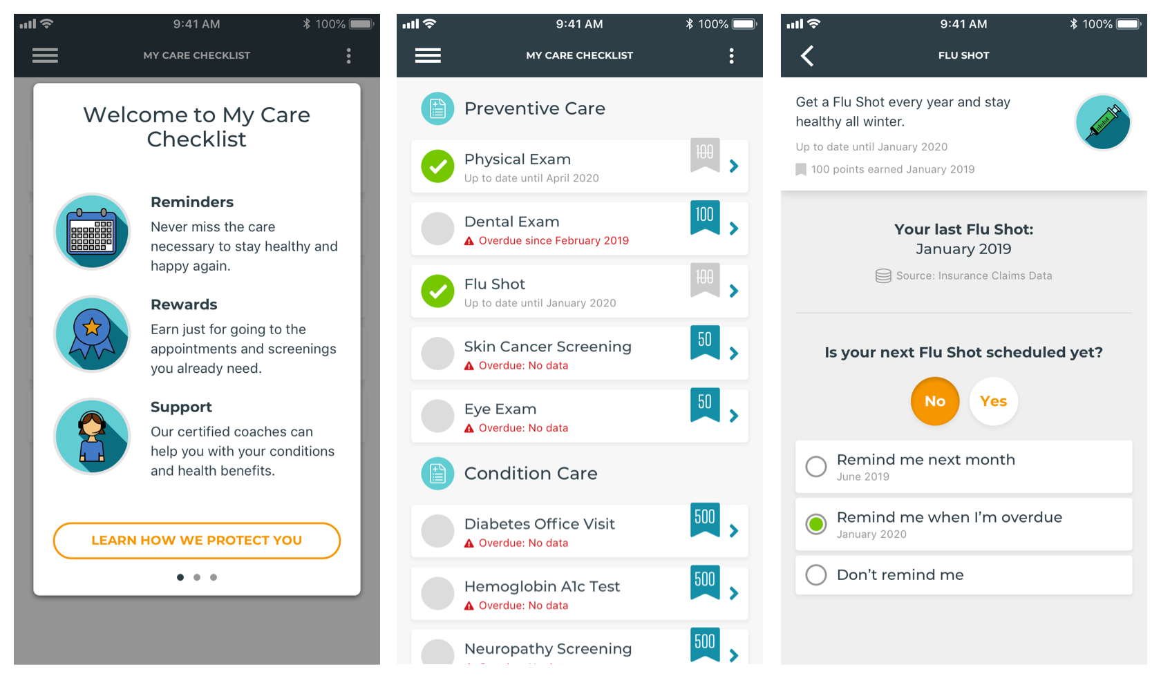 An image of various mobile screens in the care checklist feature.
