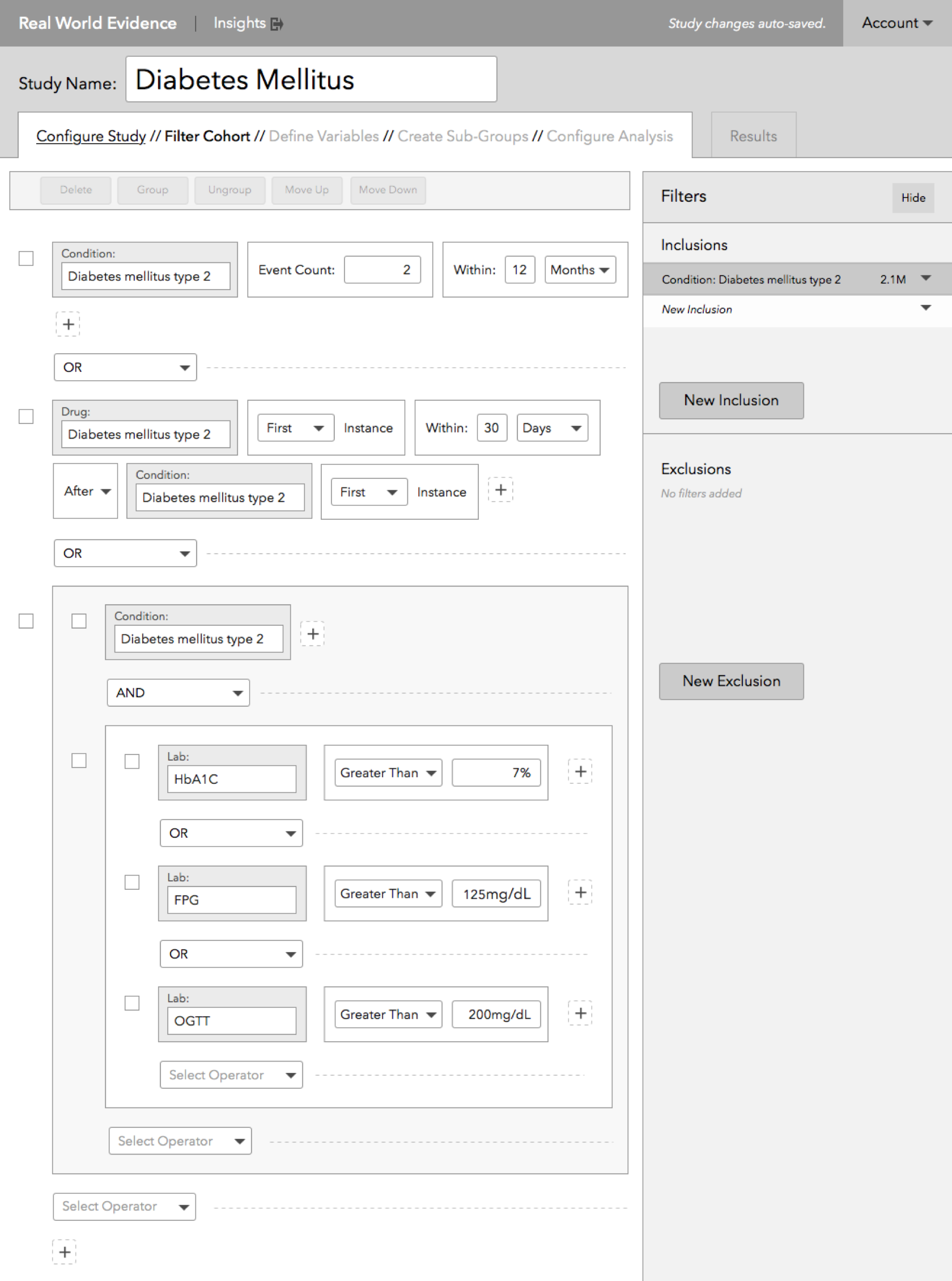 Screenshot of a late version of the cohort filtration functionality before being adapted into a prototype for testing.