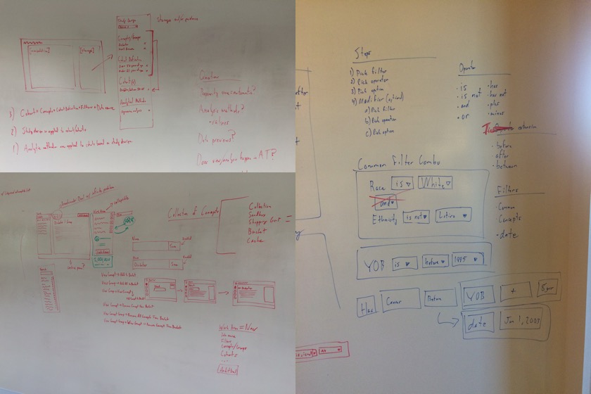 A photo of our whiteboard after multiple collaborative sessions trying to design a basic navigational concept.