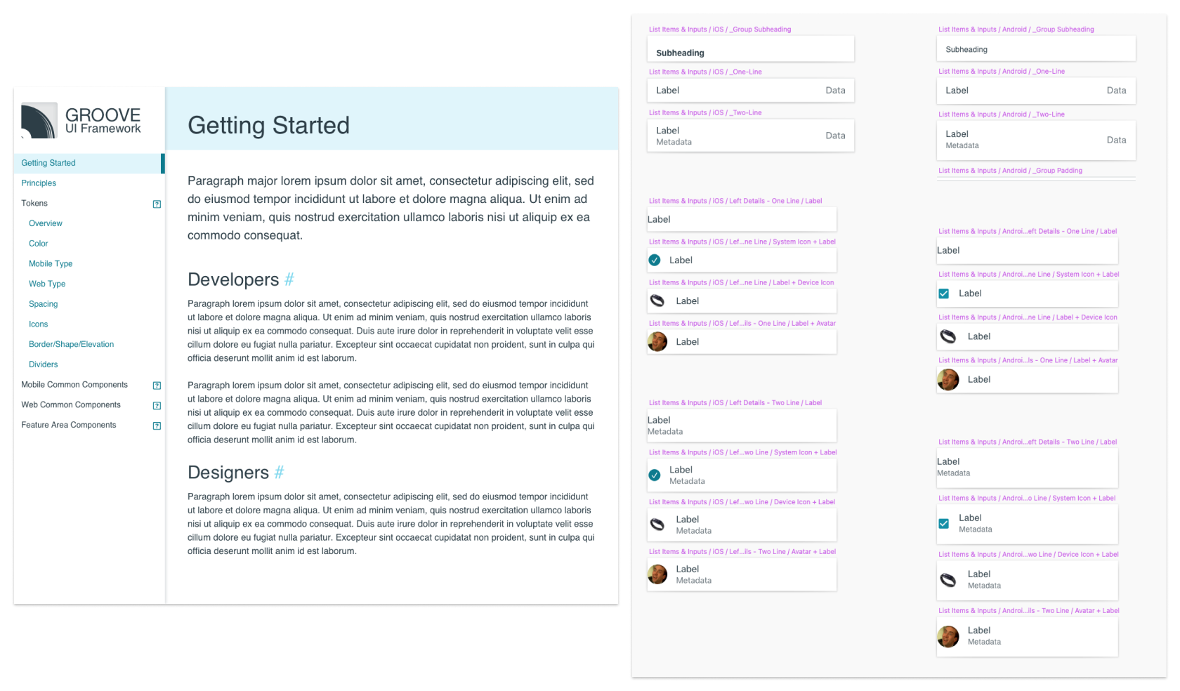 The template for a systems documentation site and an example of the components it supported. These were developed simultaneously to the dev components themselves, using the same naming conventions and parameters.