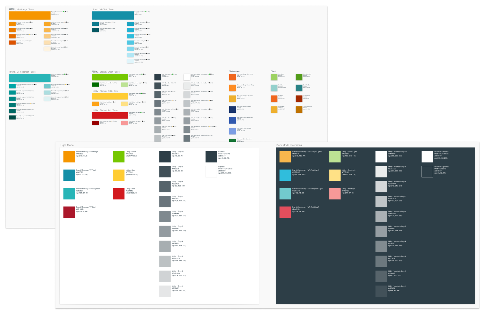 The new color system declarations, styles and guidance for use in standard and dark modes.